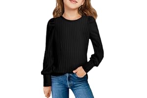 Haloumoning Girls Puff Long Sleeve Shirts Kids Fashion Ribbed Knit Tops Blouse 5-14 Years