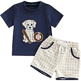 Karesoull Toddler Baby Boy Summer Outfit Short Sleeve Embroidery Baseball Tops Plaid Shorts Cute Baseball Clothes Set
