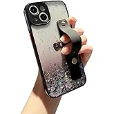siduater Strap Holder Case for 6.7" iPhone 14 Plus with Wristband Kickstand, Bling Glitter Sparkle Clear Cover Soft TPU Bumper Adjustable Hand Grip Loop for iPhone 14 Plus 6.7 Inch, Black