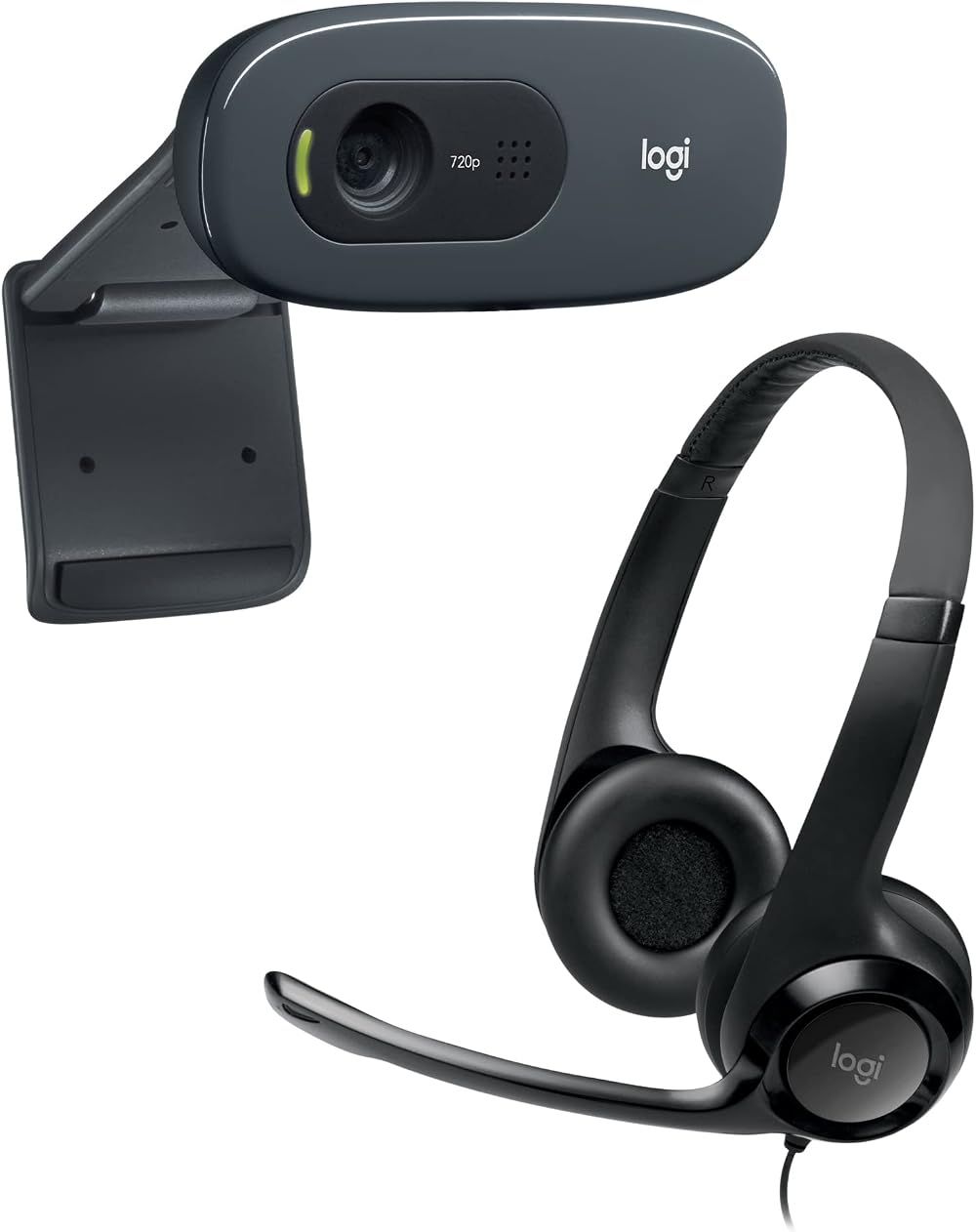 Logitech C270 Webcam HD 720p Video and Audio + H390 USB Headset Black