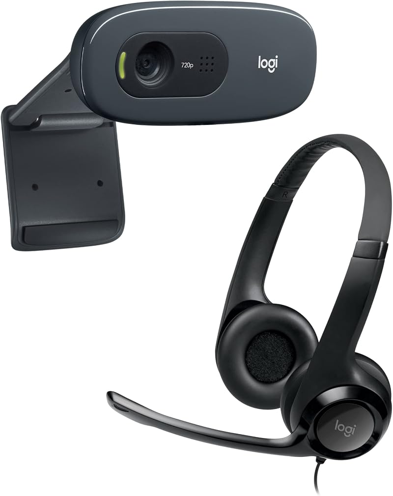 Logitech C270 Webcam HD 720p Video and Audio + H390 USB Headset Black