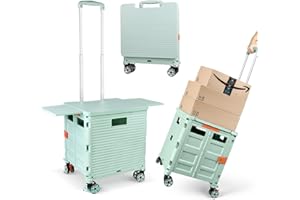 ZIYOU LANG Foldable Utility Cart Folding Portable Rolling Crate with Magnetic Extended Lid,360°Rotate Wheels,176LBS Load Capacity,Heavy Duty Durable Dolly Cart for Teacher Tourist Shopping Office Outdoor Green