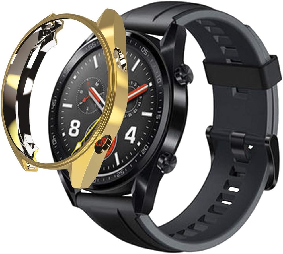 Cywulin for Huawei Watch GT Protective Case Cover Soft TPU Silicone Bumper Armor Rugged Ultra Slim Plated Frame Film Shock Proof Scratch Resistant for Huawei Watch GT Classic/Sport (Gold)