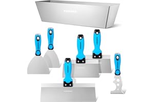KEZERS Drywall Hand Tool Kit, 7 Pieces 3" 4" 5" 6" 8" 12" Stainless Steel Drywall Knife with Metal Hammer End, includes Putty Knife, Taping Knife, and 12" Mud Pan with Ergonomic Grip for Drywall Work