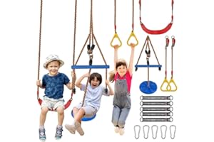GOLDGE 3pcs Kids Outdoor Swing Set with Adjustable Ropes, Disc & Ring Hangers, Trapeze Bar, U-Board Seat and Monkey Bars with EVA Soft Disc for Backyard Play