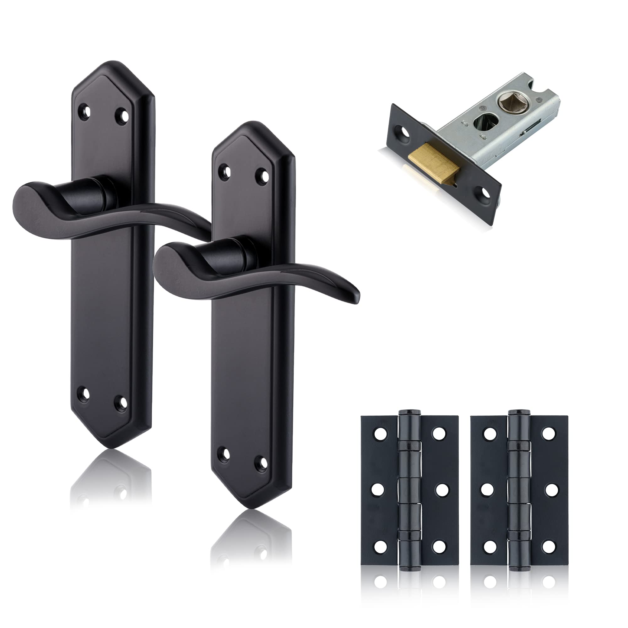 XFORT Black Beauty Range Matt Black London Suite Lever Latch Door Pack, Complete Set with Door Handles, 65mm Tubular Latch and 75mm Ball Bearing Hinges, for Internal Wooden Doors