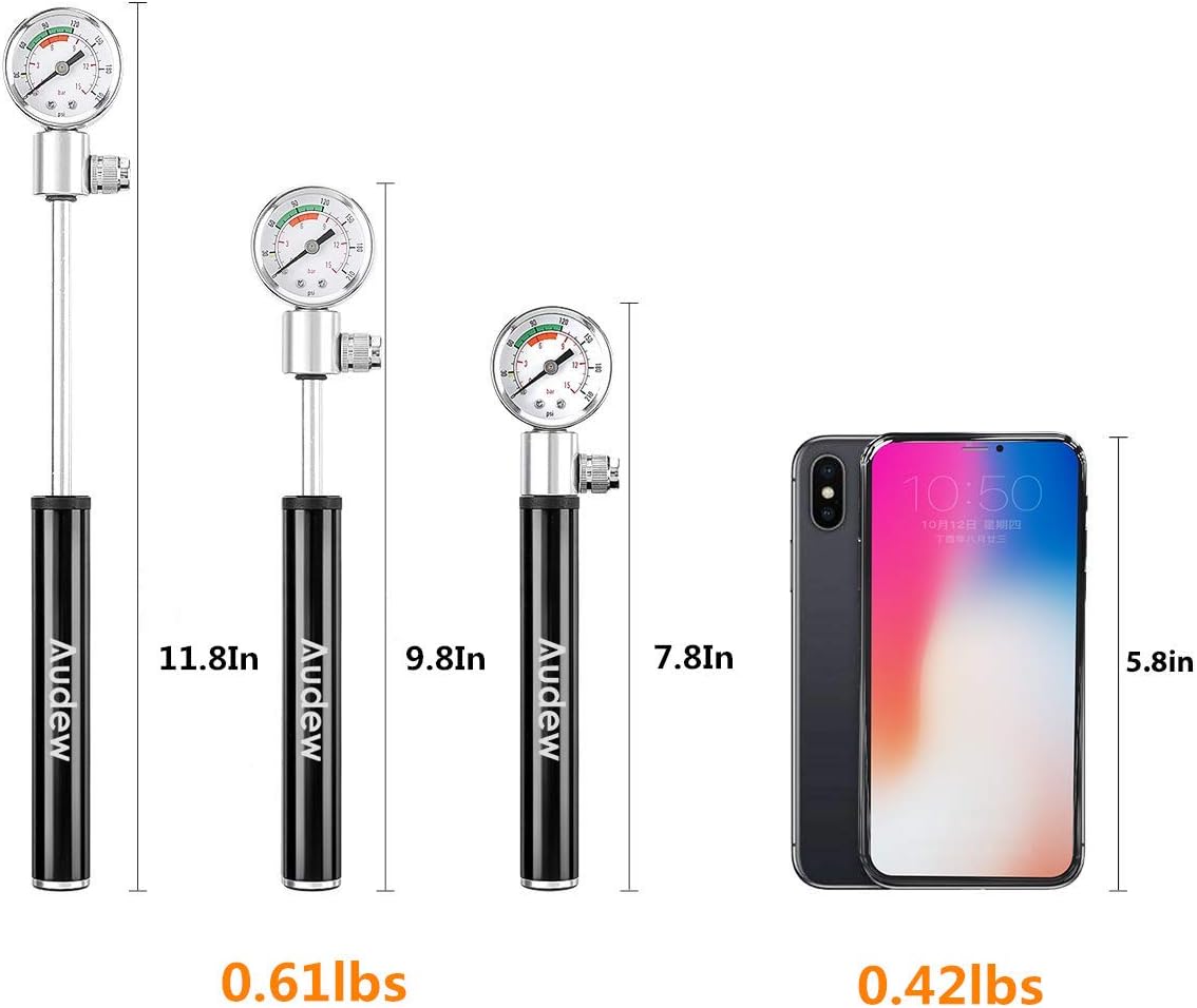 Audew Mini Bike Pump - 7.8Inches Portable and Lightweight Bicycle Air Pump with Gauge - 210Psi Presta and Schrader Valve for Mountain Bike, Ball, Inflatable Toy - Including Puncture Tire Repair Kit : Sports & Outdoors