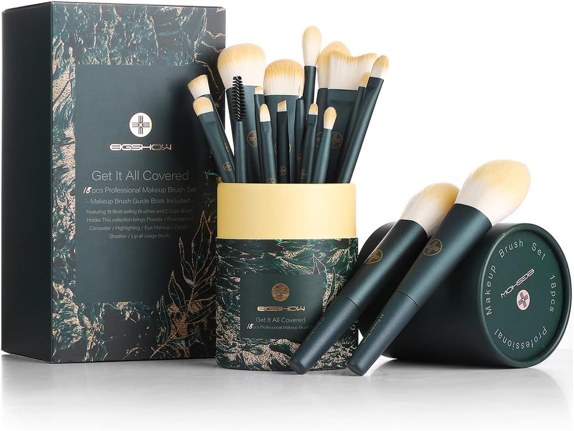 EIGSHOW Makeup Brushes 18pcs Professional Makeup Brush Travel Set with Cylinder 2 Cup Holders, Premium Synthetic Foundation Powder Concealer Blush Blending Eye Lip Gift for women