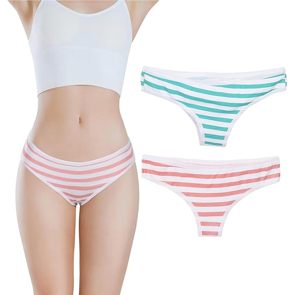 FASXIR Japanese Style Cute Striped Cotton Thong Pouch Bikini Underwear Briefs Cosplay Panties for Women Men Pack of 2 (Style 2