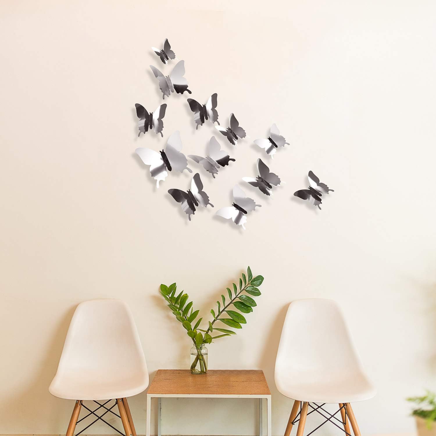 BBTO 48 Pieces DIY Mirror Butterfly Combination 3D Butterfly Wall Stickers Decals Home Decoration (Silver): Home & Kitchen