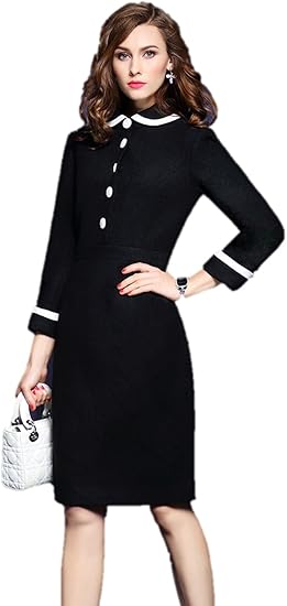Amazon レディース ワンピース ラペルワンピース ペンシルドレス フロントボタン 丸襟 ウエストスリム 結婚式 エレガント レトロ 大人感 セレブ感 長袖 襟付き 秋冬 折り返し袖 ひざ丈 膝丈 K9315 Xl ブラック イブニングドレス 通販