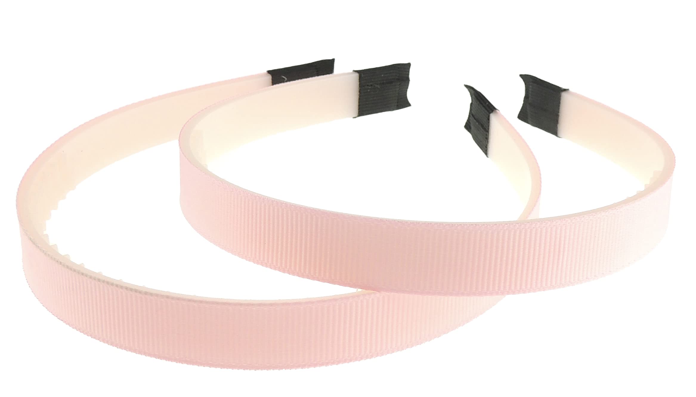 Ladies Girls Set of 2 Ribbed Satin Ribbon 15mm White Toothed Covered Headband Alice Band (Baby Pink White)