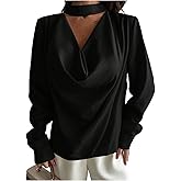 Floerns Women's Satin Cut Out Cowl Neck Blouse Draped Long Sleeve Elegant Shirts