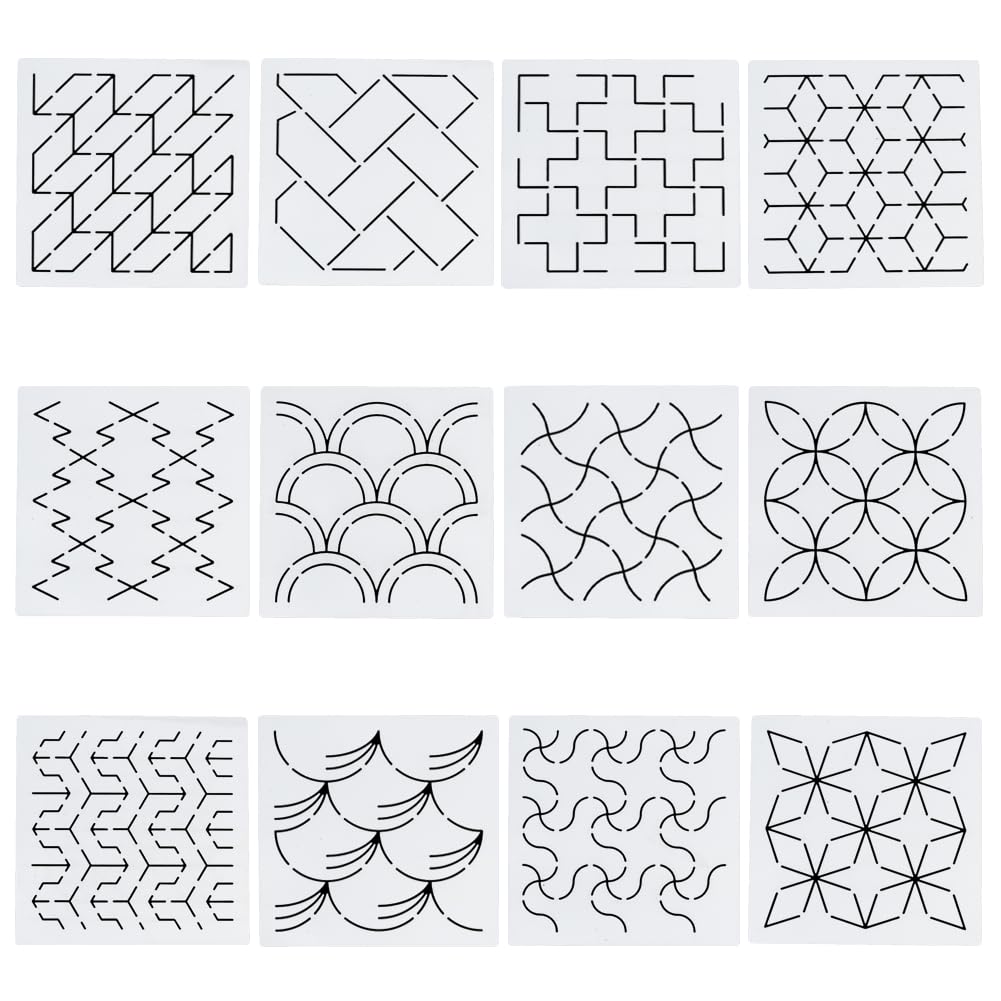 FREEBLOSS 12Pcs Plastic Sashiko Stencils, 14x14cm Drawing Line Template for Hand Quilting Sashiko Patterns Templates Embroidery Stencils for Hand Sewing Lovers