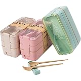 Rarapop 3 Pack Stackable Bento Box Japanese Lunch Box Kit with Spoon & Fork, 3-In-1 Compartment Wheat Straw Meal Prep Contain