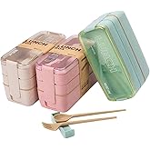 Rarapop 3 Pack Stackable Bento Box Adult Japanese Lunch Box Kit with Spoon & Fork, 3-In-1 Compartment Wheat Straw Meal Prep Containers (Green/Pink/Beige)