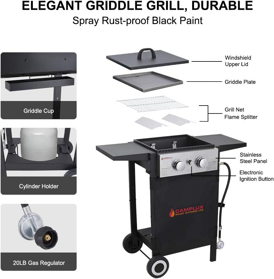 Camplux Propane Gas Griddle, Gas Grill and Griddle Combo, 22,000 BTU Outdoor Griddle 2 Burner Flat Top with 20 lb Connector, Black Windproof Lid and Movable Wheels for Home Camping Cooking Picnicking: Home Improvement