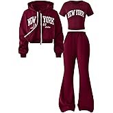 RoseSeek Girl's 3 Piece Outfits Letter Graphic Zip Up Hoodie Flared Leggings with T Shirts Preppy Sweatsuit