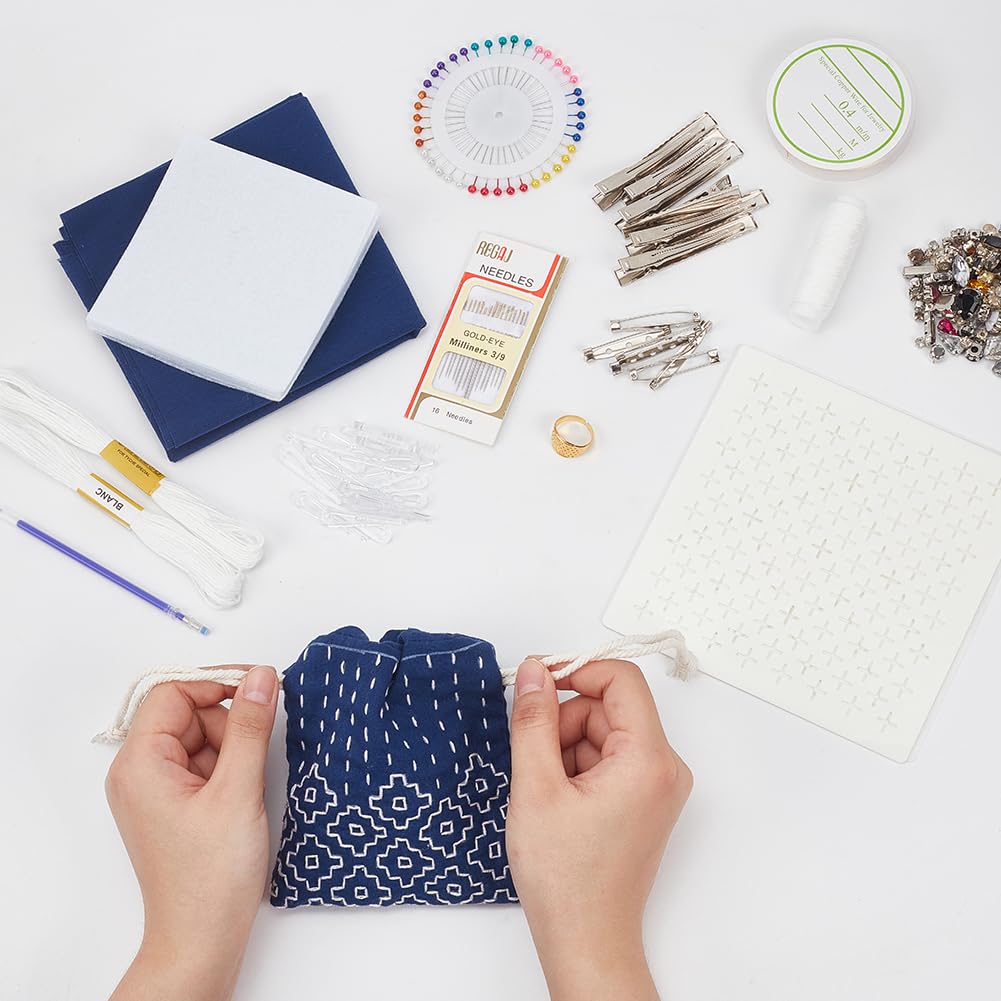 INFUNLY 3 Set Sashiko Drawstring Bag Kits Sashiko DIY Tote Bag Kit Flower Sashiko Fabric Kit for Beginners Make Your Own Tote Bag with Thread Needles Hand Sewing Set for Adults