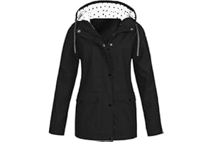 Women's Long Sleeve Hooded Raincoat Waterproof Cute Polka Dots Outdoor Button Down Full Zip-up Rain Jacket (S-5XL)