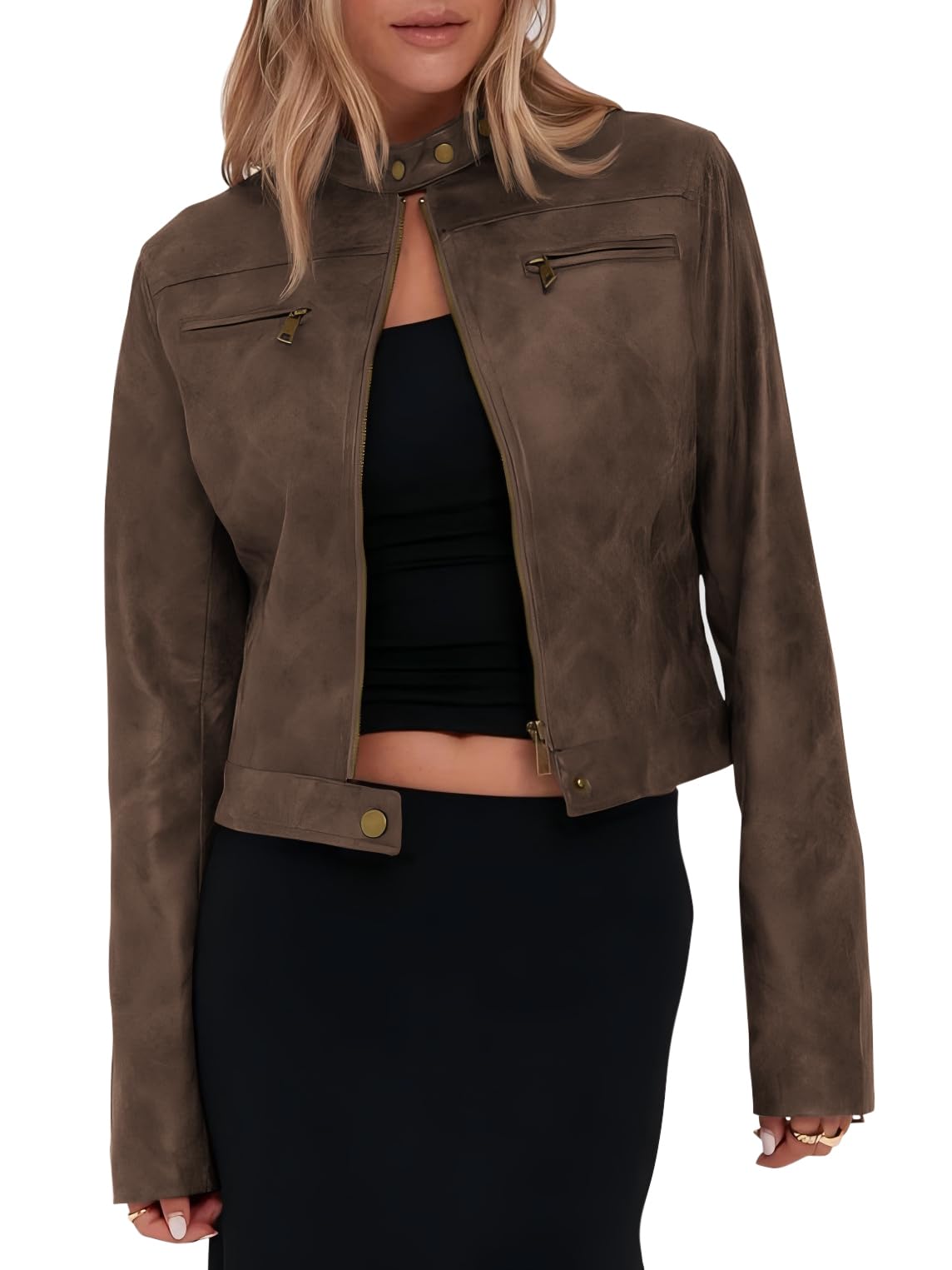 Photo 1 of Onedreamer Women's Faux Leather Cropped Jackets Casual Vintage Zip Up Stand Collar Motorcycle Short Coat Jacket