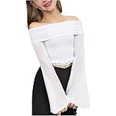 RoseSeek Girl's Off The Shoulder Tops Sheer Mesh Long Bell Sleeve Crop Top Elegant Fitted T Shirts