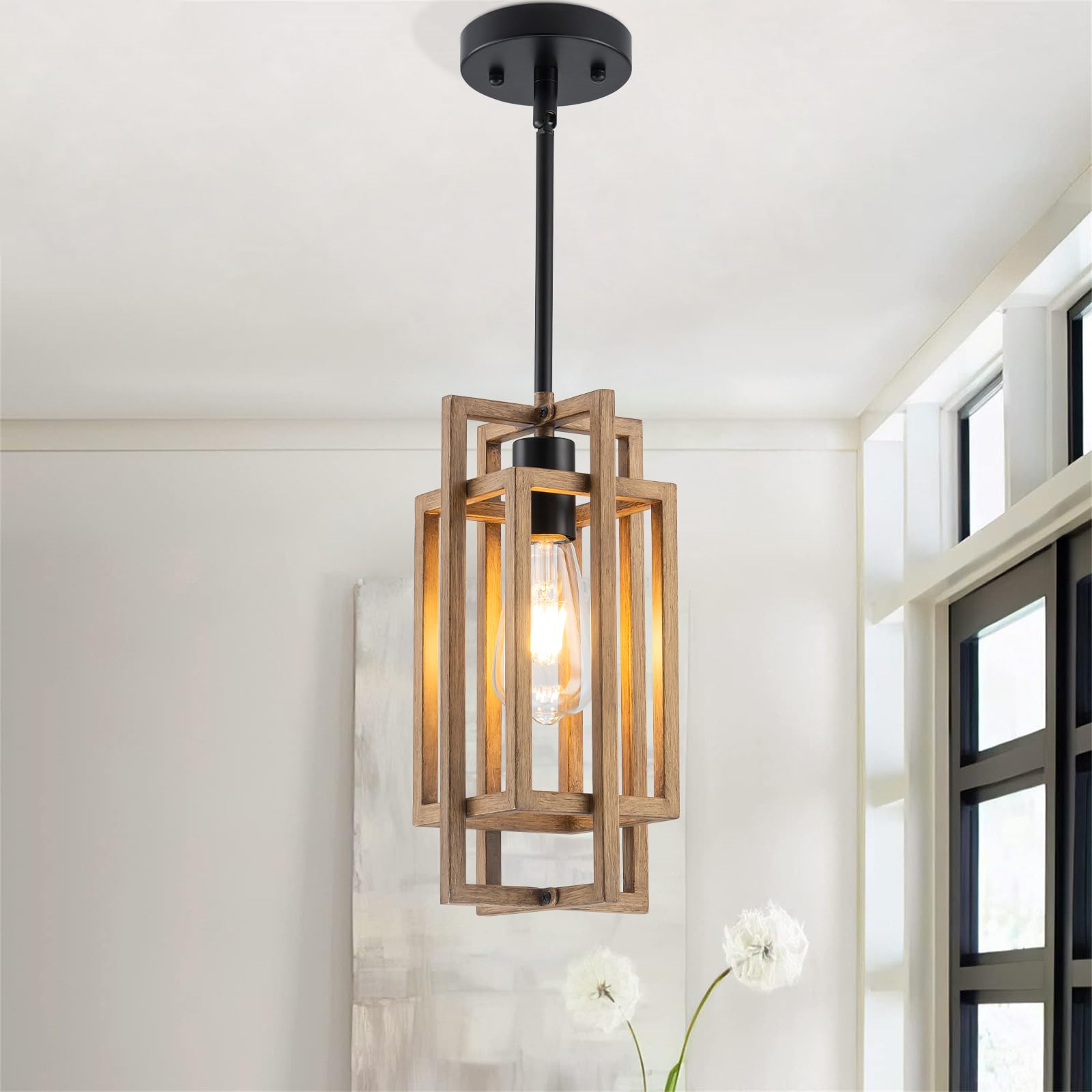 Photo 1 of DWLGIGH Modern Farmhouse Pendant Lights Kitchen Island, Metal Hanging Light Fixture with Wood Grain Finish, Adjustable Pendant Lighting for Dining Room, Entryway, Foyer, Fit Sloped Ceiling, E26 Base