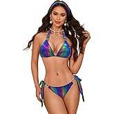 EHSUYAB Womens Sexy Triangle Metallic Bikini Set, Crystal Rhinestone Headband Halter Swimsuit, Cheeky Tie Ruched Bathing Suit