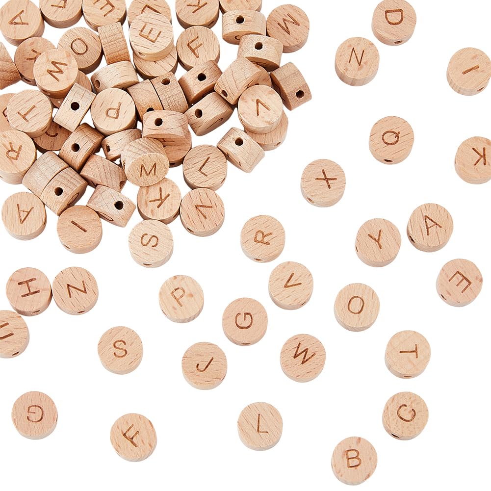 HOBBIESAY 78Pcs 26 Styles Undyed Wood Beads 5x8mm Horizontal Hole Random Alphabet Beads Flat Round with Laser Engraved Letter A-Z Cube Wood Beads with Initial 26 Letters for DIY Jewelry