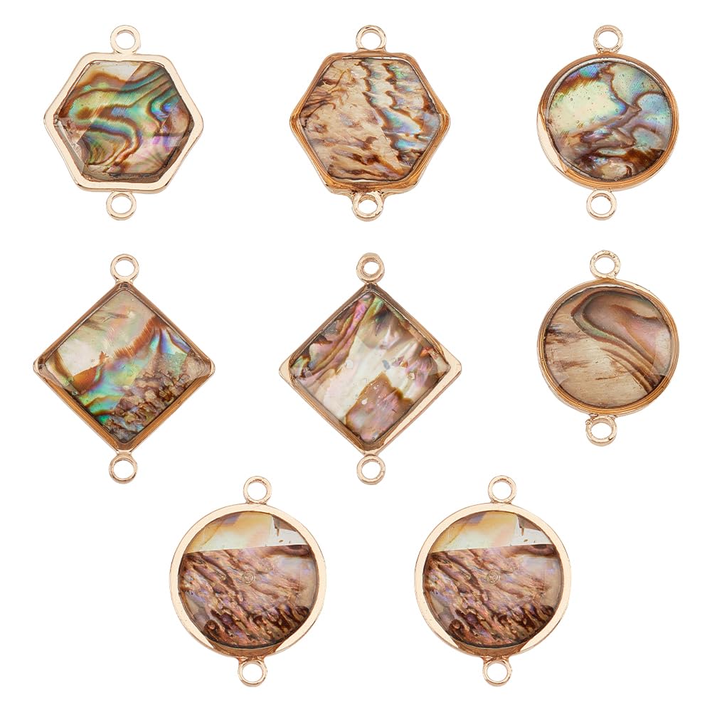 BENECREAT 8Pcs 4 Styles Abalone Shell Connector Charms, Flat Round Hexagon Rhombus Shell Double Ring Pendant for DIY Jewelry Making Findings Earring, Hole: 1.6mm