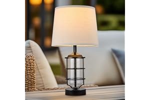 Hapcrea Outdoor Table Lamp, Farmhouse Lamp for Patio Table Decor with Cord, Rustic Table Light with Seeded Glass, 23.5" Plug-in Outdoor Lamps for Patio Waterproof, LED Bulb Included (Black)