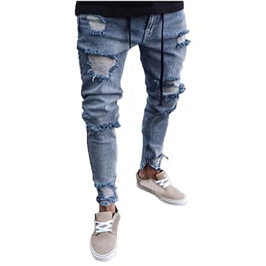 Amazon Karchi メンズ ダメージ ジーンズ スキニーデニム ジッパー