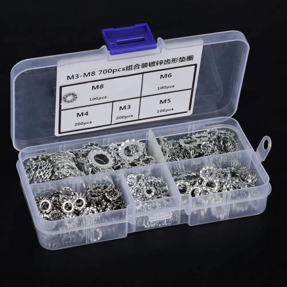 700-Piece External Toothed Lock Washer Assortment – Galvanized Serrated Washers M3/M4/M5/M6/M8 In Storage Box