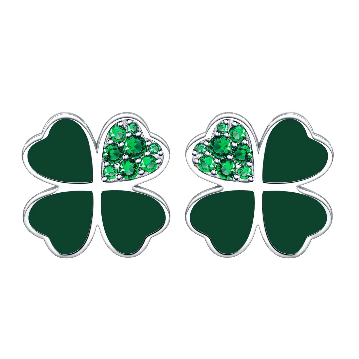 Qings Four Leaf Clover Stud Earrings 925 Sterling Silver Heart Lucky Shining Green Leaves Ear Studs St. Patrick's Day Floral Jewelry Gift for Women Girls