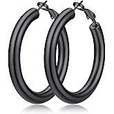 FaithHeart Chunky Hoop Earrings for Women, Silver/Black/14K Gold Plated Stainless Steel Earrings 5mm Thick Hollow Tube Hoops Hypoallergenic Lightweight Earring 20/30/40/50/60/70/80mm
