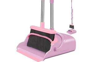kelamayi Broom and Dustpan Set for Home, Office, Indoor&Outdoor Sweeping, Stand Up Broom and Dustpan (Pink)