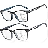 DEHOTRE 2 Pack Progressive Multifocus Reading Glasses Men Unbreakable TR90 Frame Temple Large Size Readers with Metal Inlays