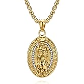 Gold Plated Virgin Mary Pendant Necklace with Cubic Zirconia Stones, Elegant Religious Jewelry Gift for Women, Oval Engraved Medal with Box Chain