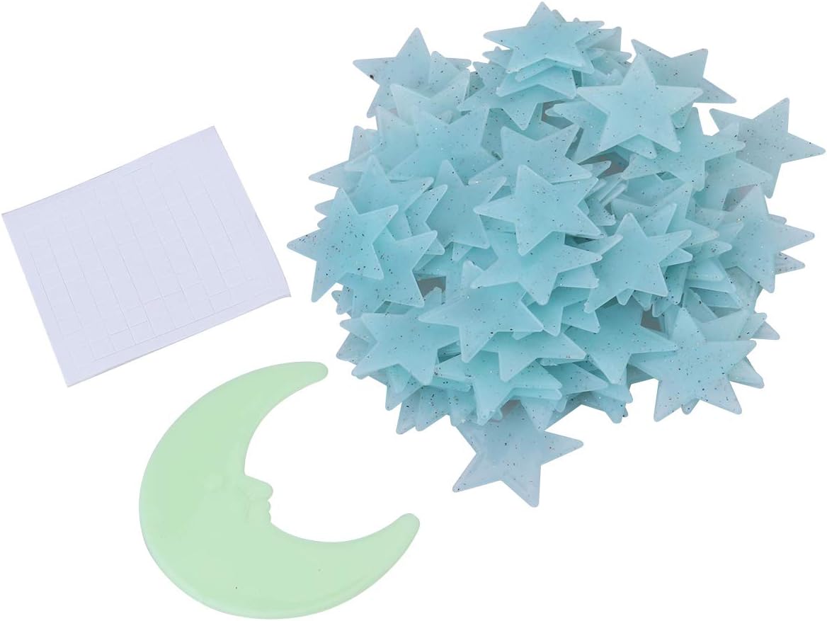 TOYMYTOY 101pcs Glow in the Dark Moon and Stars Wall Ceiling Stickers Decals Light Blue