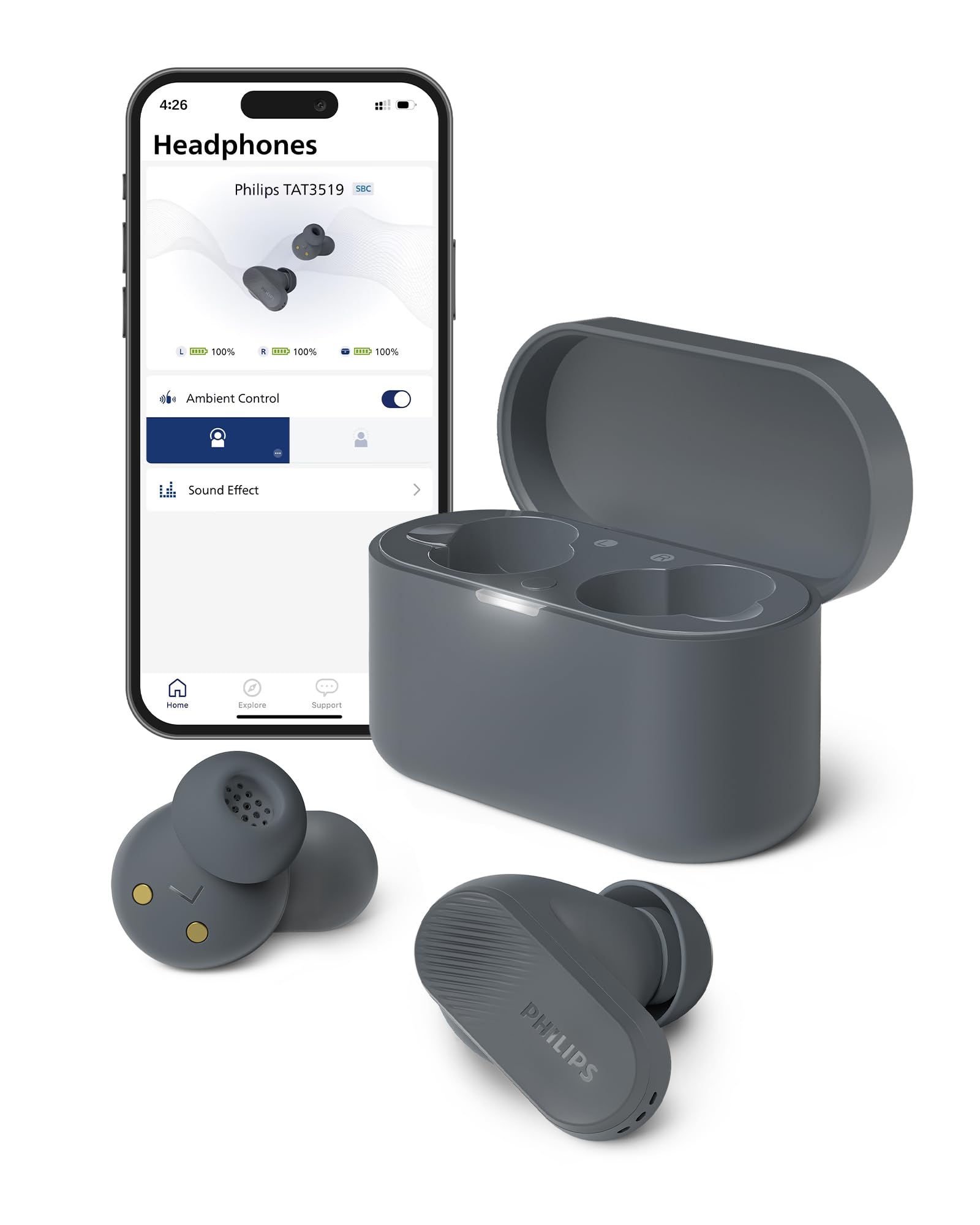 Philips TAT3519 Wireless Earbuds,True Wireless Headphones with Noise Canceling Pro,Dynamic Bass,Clear Call,24 H Battery Life,Fast Charging,Bluetooth 5.3,IPX4,App/Touch Control,Black Image