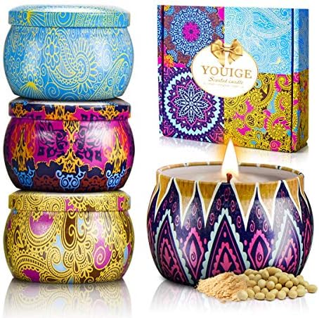 YOUIGE Scented Candles Gift Set, Natural Soy Wax 4.4 Oz Aromatherapy Candles, Soy Candles Gifts for Women Travel Candles in Tins Candles with Pure Essential Oil, Candles Womens Gifts 4 Pack