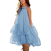 Batermoon Girls Lace Backless Tulle Dress Halter Neck Boho Flower Girl Sleeveless Ruffle Swing Party Dress