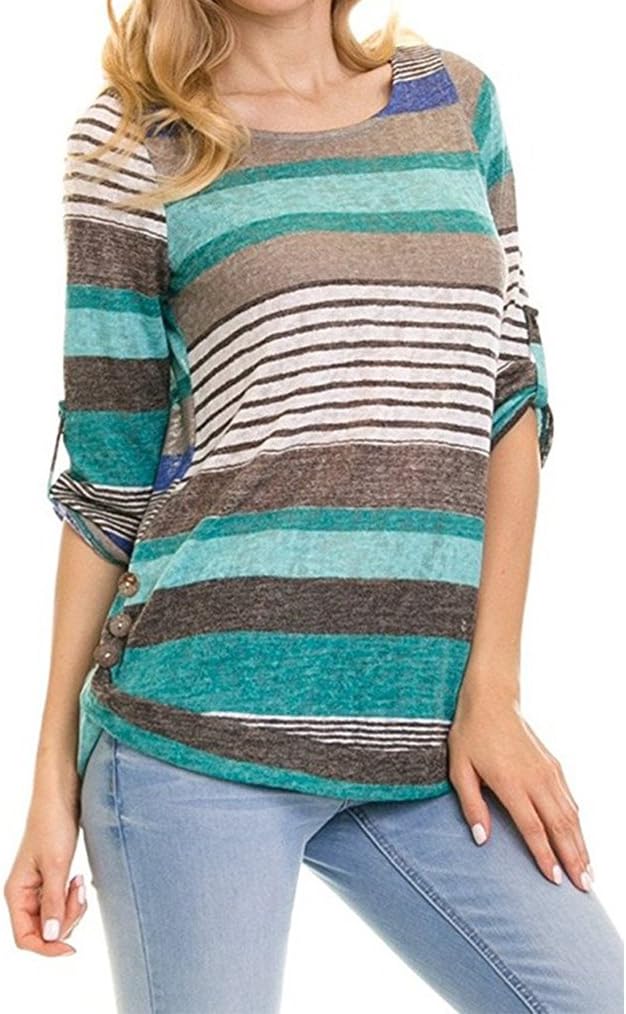 Sherosa Women's Casual Color Block Striped 3 4 Sleeve T Shirts Tunic Tops