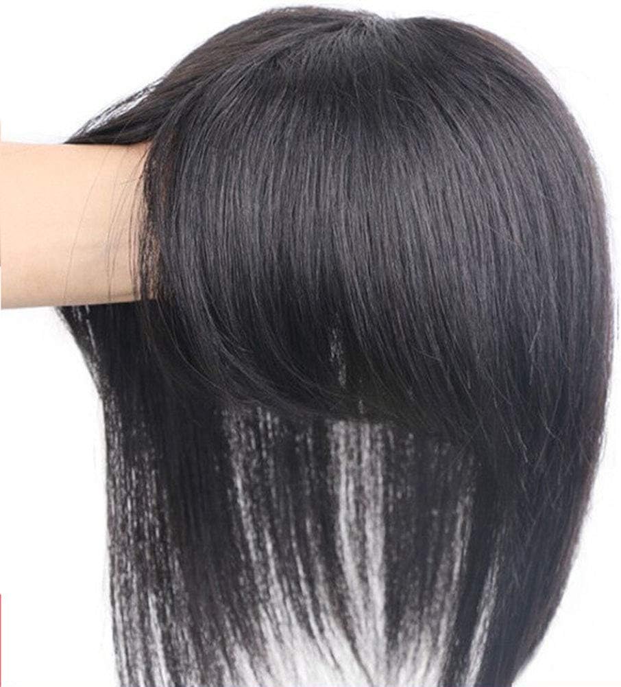 LEBIYOU Various Length Real Human Hair Clip in Topper Top Hairpiece with Bangs for Women with Thin Hair with Bangs (30cm/11.8", Natural Black)