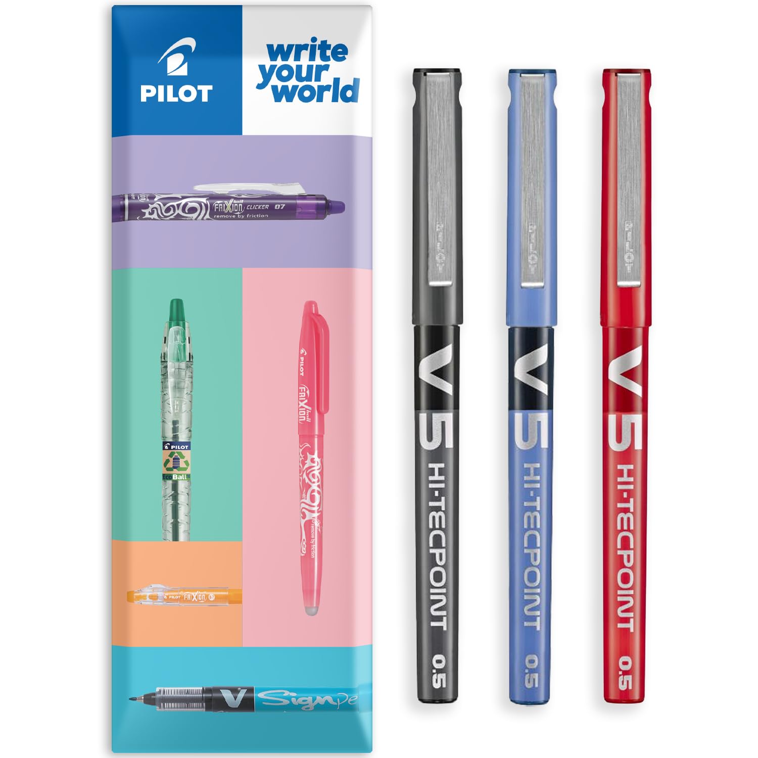 PILOT V5 Hi-Tecpoint Rollerball Pen - Fine 0.5mm Nib Tip - 0.3mm Line Width - In Envelope Gift Packaging - Pack of 3 - Black, Blue & Red Set