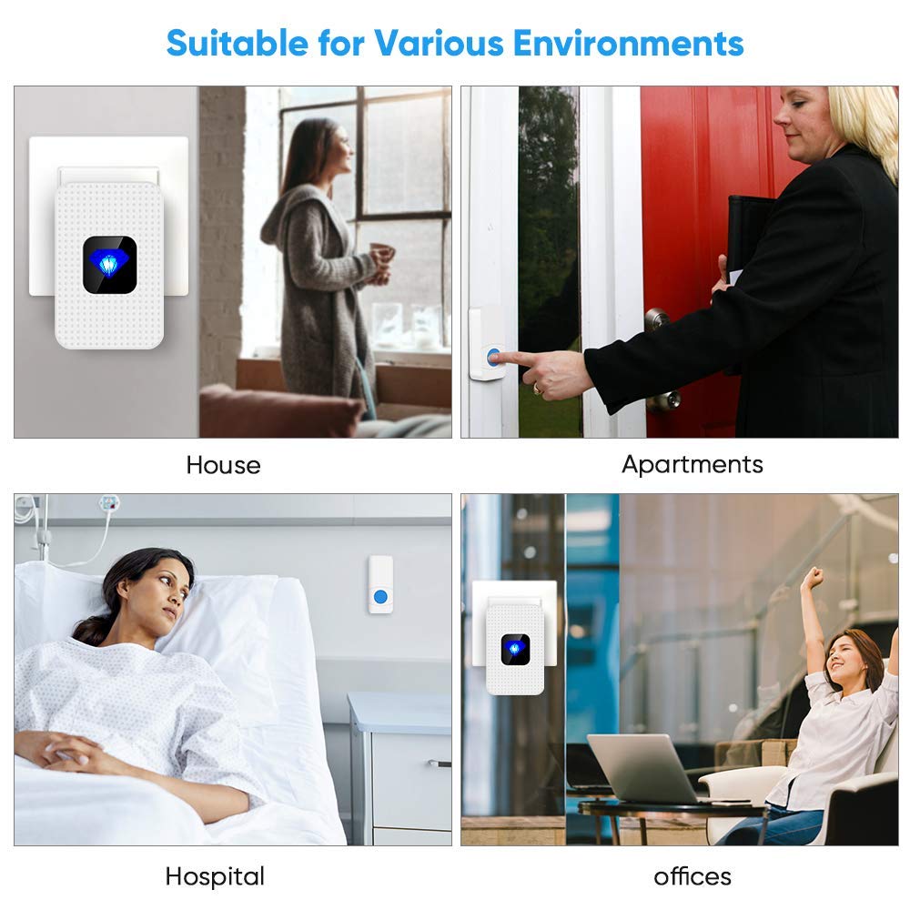 Wireless Doorbell, IP55 Waterproof Door Chime Kit Remote Cordless Door Chime Kit, 1 Push Button & 2 Plug in Receivers 1000Ft Range, 55 Chimes, 5-Level Volume, LED Flash Mute Mode & Memory Function