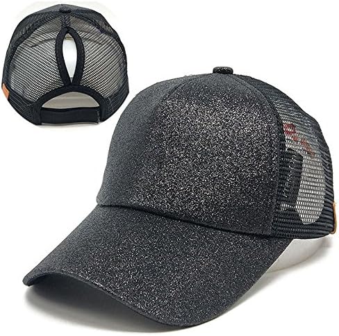 Women Ponytail Baseball Cap, 2018 Women Sequins Shiny Messy Bun Snapback Hat Sun Caps (Black)