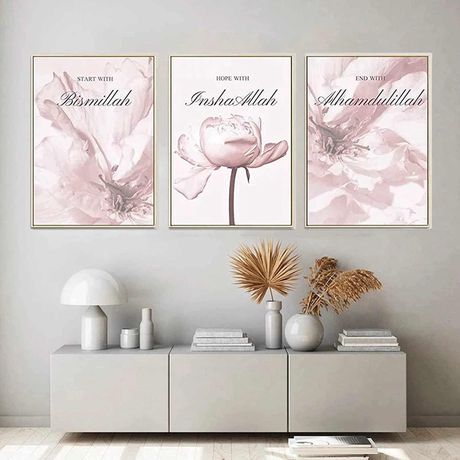Islamic Wall Art, Flowers Art Print, Muslim Wall Pictures, Modern Living Room Frameless Art (60 x 90 cm x 3)