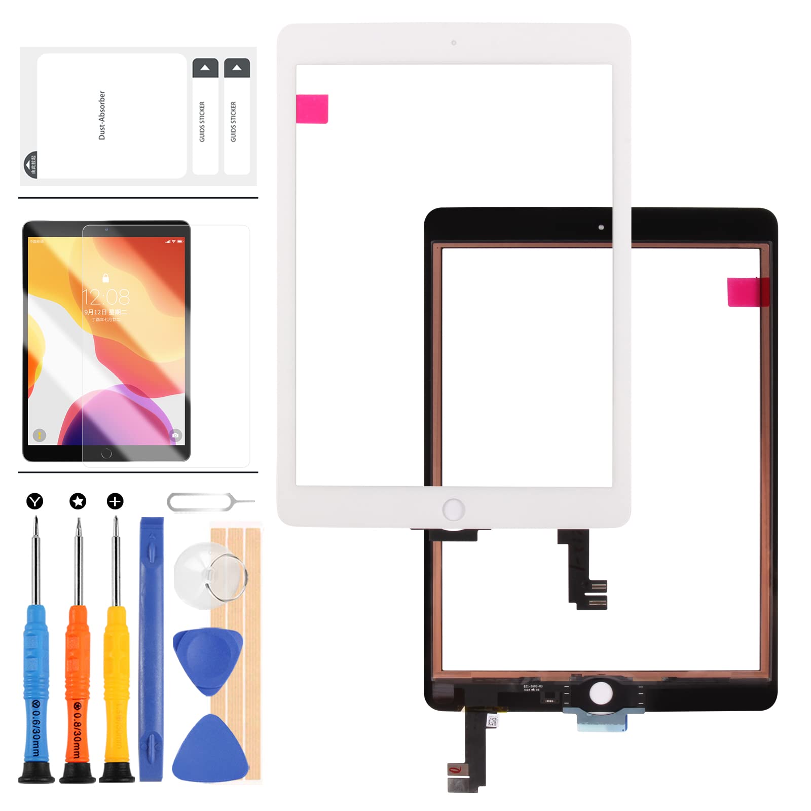 LADYSON Screen for iPAD 6 iPad Air 2 2nd Gen 9.7 A1566 A1567 Touch Screen Replacement Kit,(Not LCD, NO Instructions) Touch Digitizer,Glass Repair Parts,Include Tempered Glass