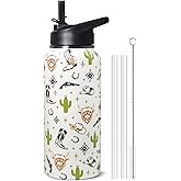TWBDMKC 32oz Western Stainless Insulated Aater Water Bottle with Straw,Western Cow Skull Gym Hiking Sports Coffee Mug Cup Water Bottles,Western Cow Skull Cowboy Copper Cowgirl Decor Stuff Accessories